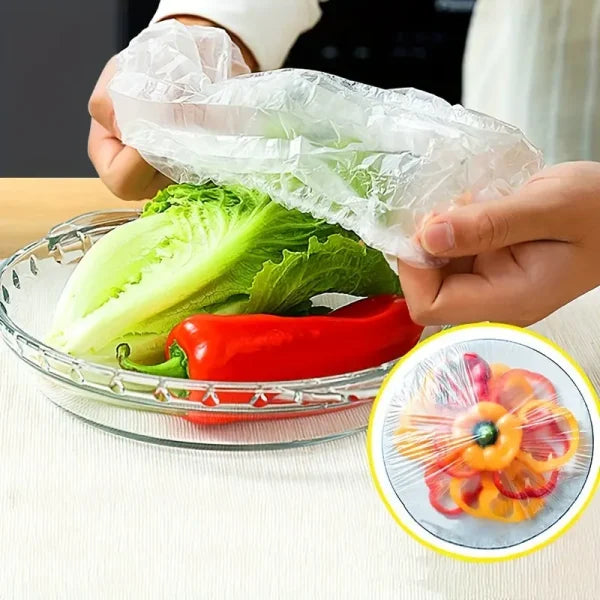 100pcs Disposable Plastic Wrap Cover, Convenient And Quick, With Elastic And Tight Mouth, Can Be Used As A Shower Cap, Suitable For Various Plates, Dust-proof, Insect-proof, Food-grade Fresh-keeping Cling Film Cover, Kitchen Accessories