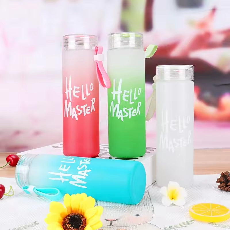 Frosted Glass Water Bottle With Hello Master Decal Logo - 400ml