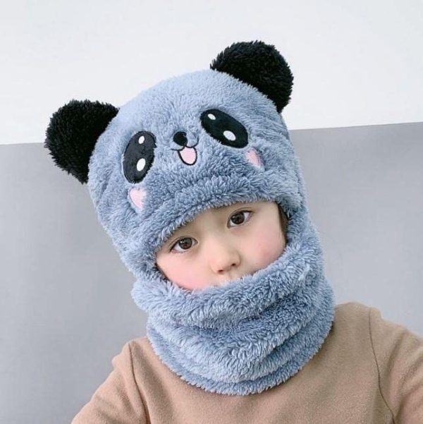 Beanie Wool Cap With Neck Warmer Attached. Kids Wool Cap Cartoon Panda Baby